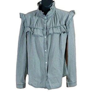 Rosa Clothing Medium Ruffled Denim Distressed Modest Snap Up Shirt Feminine